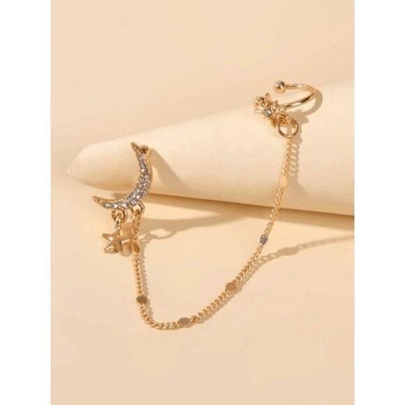 GOLD DIAMOND CRESCENT MOON STAR EARRING AND CHAIN EAR CUFF - Picture 4 of 4